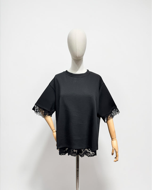 Kanten t-shirt | zwart