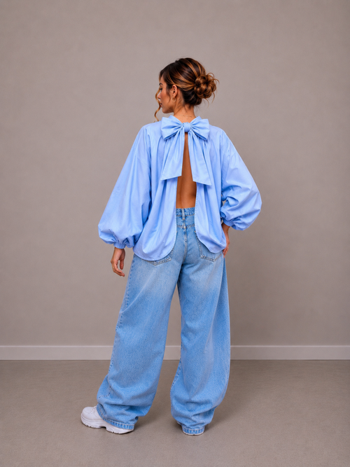 Blouse met strik | blauw