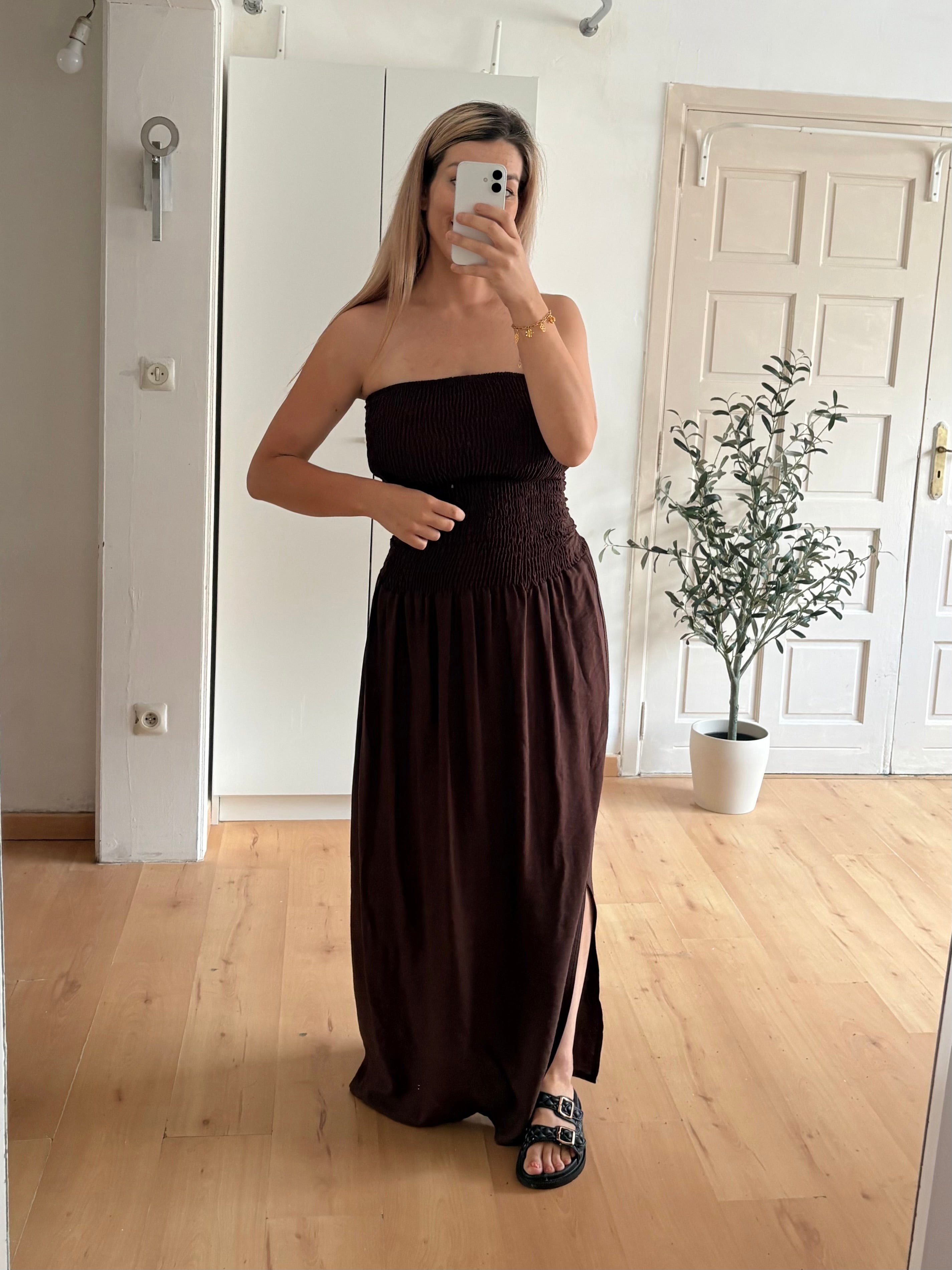 Jurk strapless | bruin