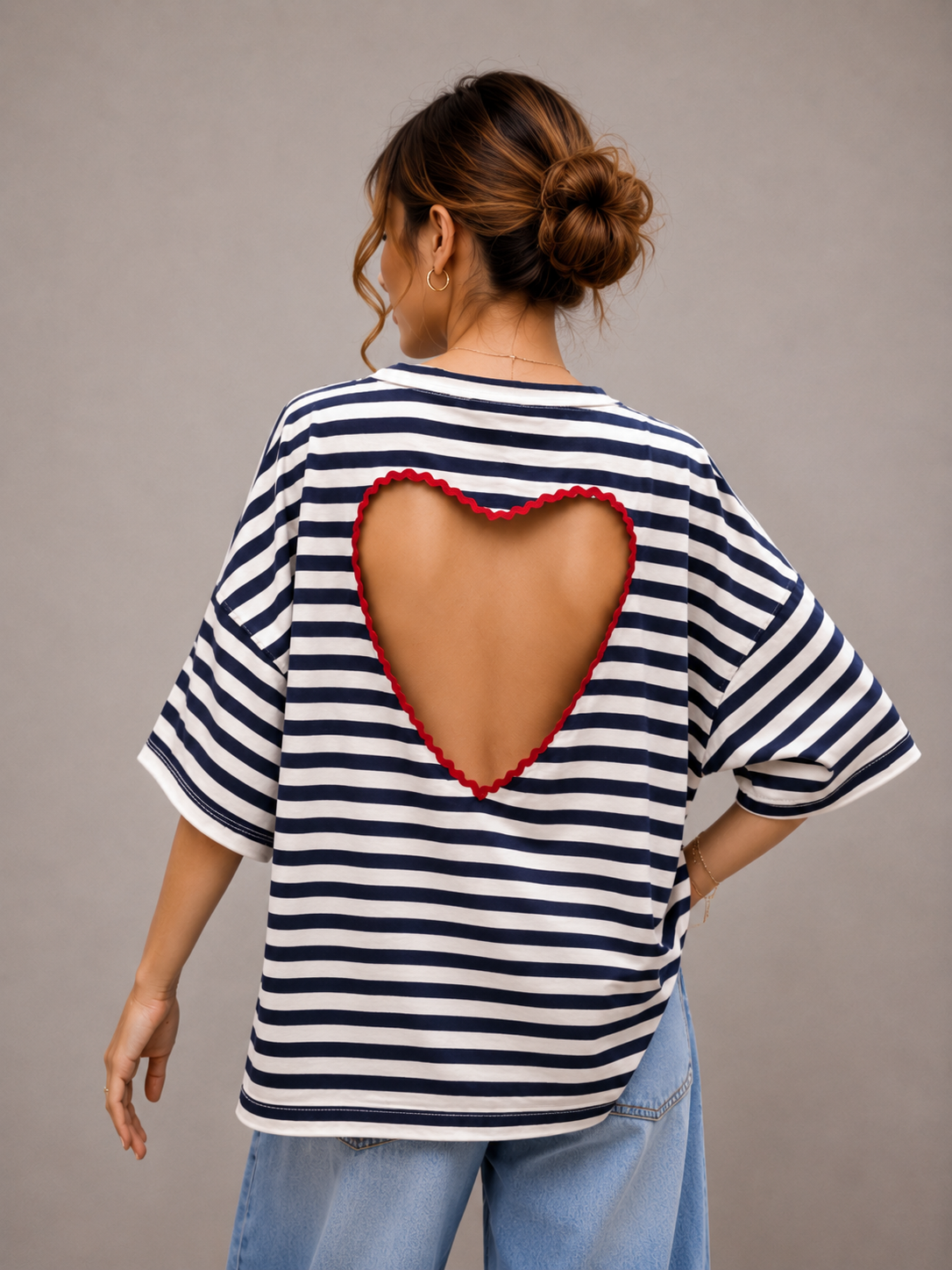 T-shirt streep Hart | marine-ecru