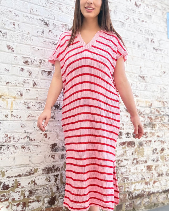 Maxi Streep Jurk | roze-rood