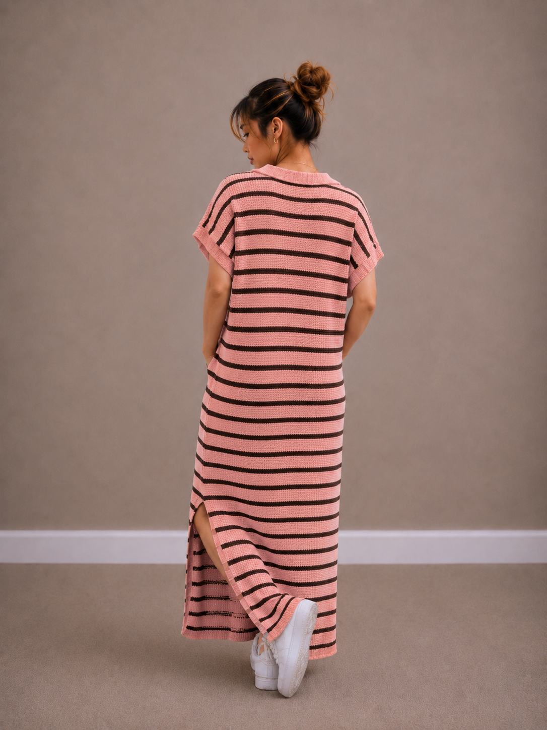 Maxi Streep Jurk | roze-bruin