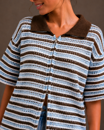 Striped crochet polo shirt | pink