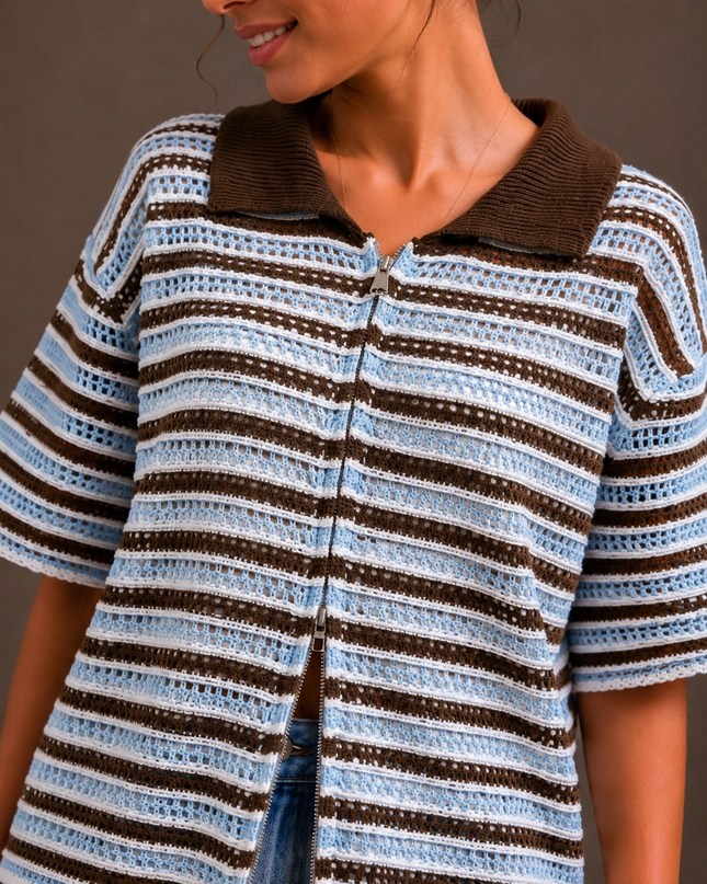 Striped crochet polo shirt | pink