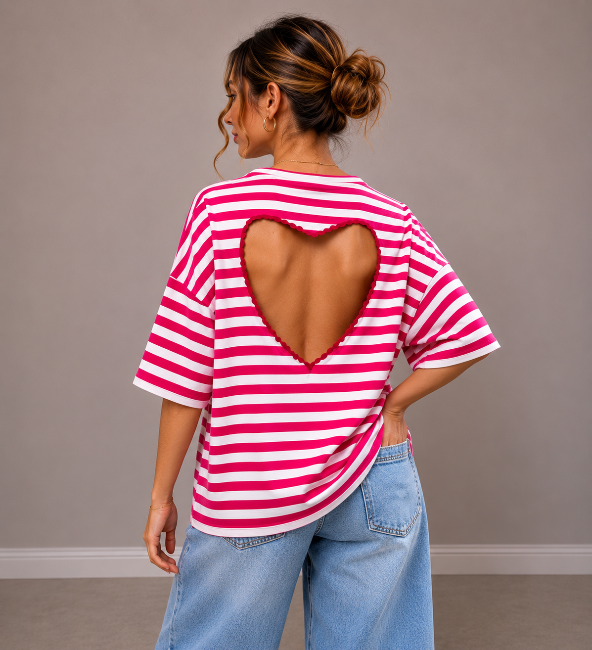T-shirt streep Hart | fuchsia-ecru