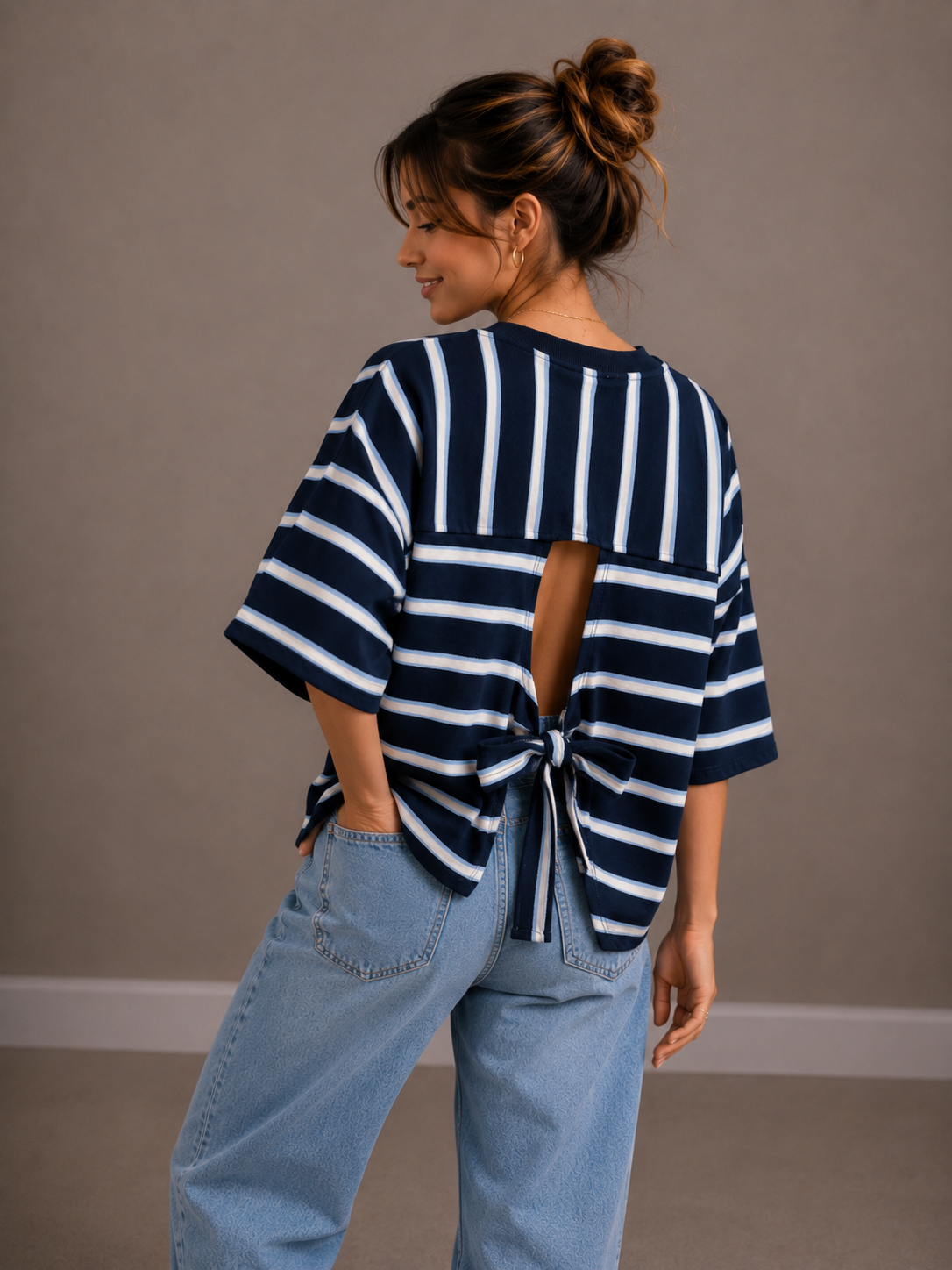 T-shirt streep met strik | marine