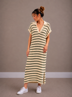 Maxi Streep Jurk | kaki-ecru