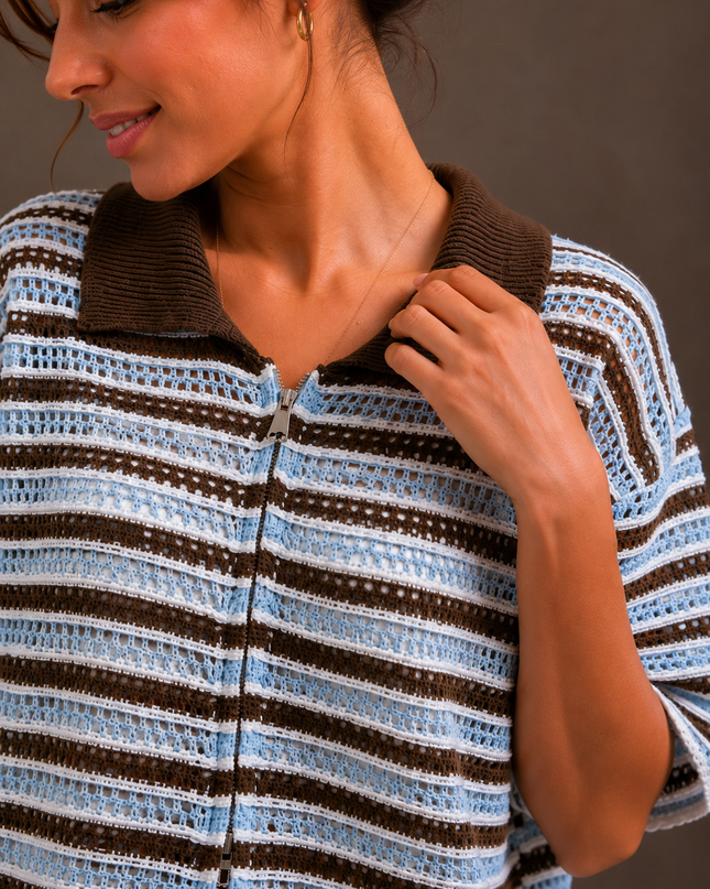 Striped crochet polo shirt | pink