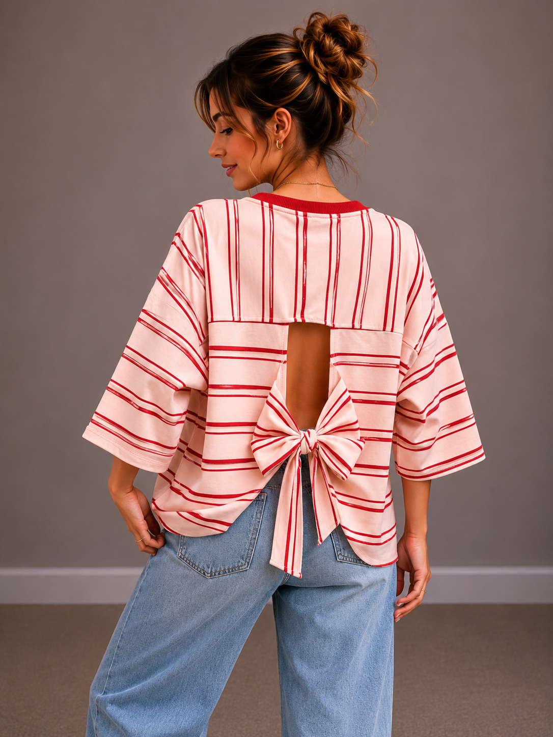 T-shirt streep met strik | roze
