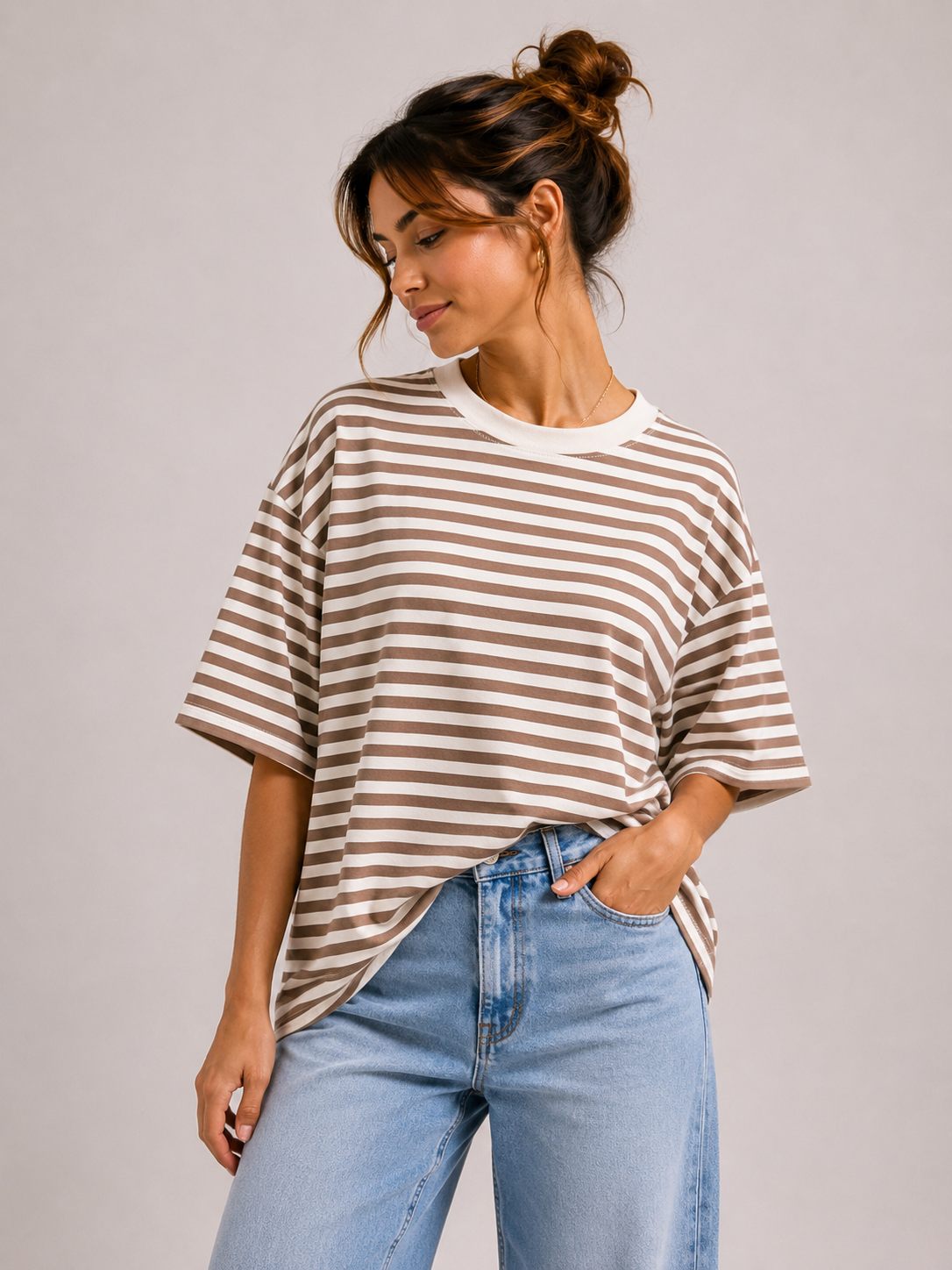 Streep T-shirt | beige-wit