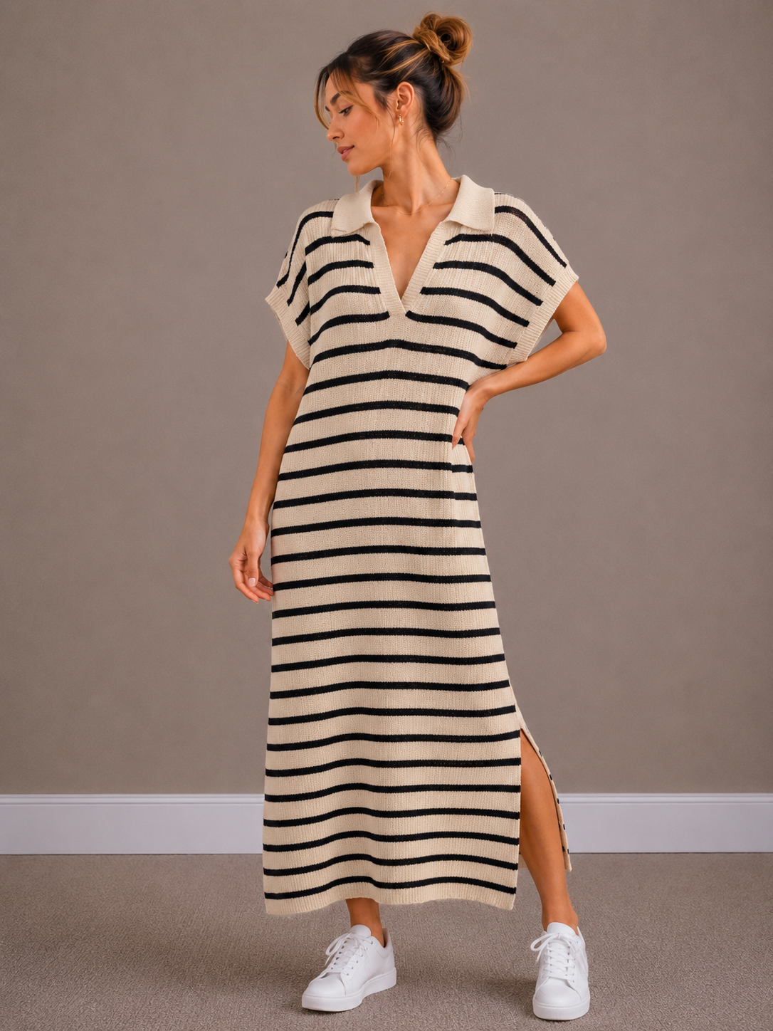 Maxi Streep Jurk | zwart-ecru
