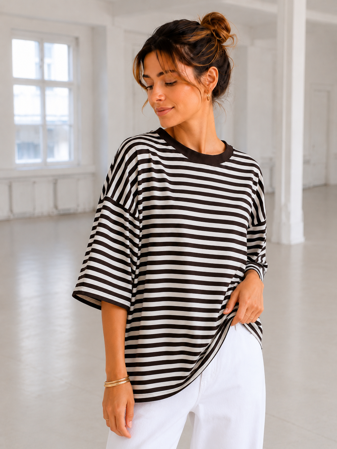 Streep T-shirt | bruin-ecru