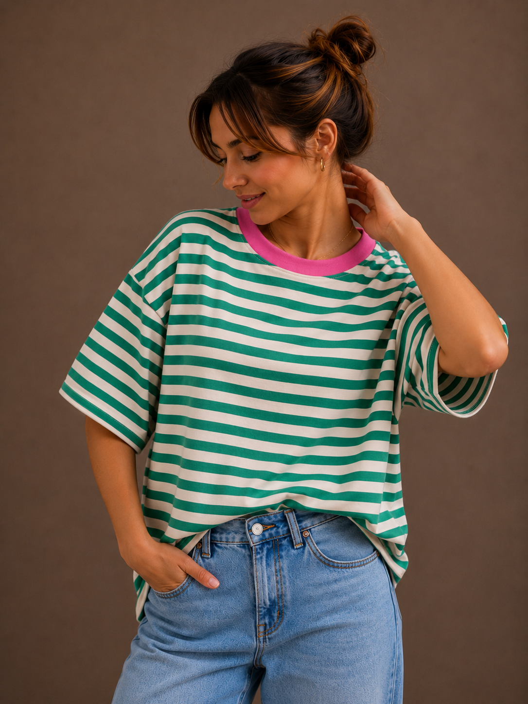 T-shirt fluo streep | groen-fuchsia