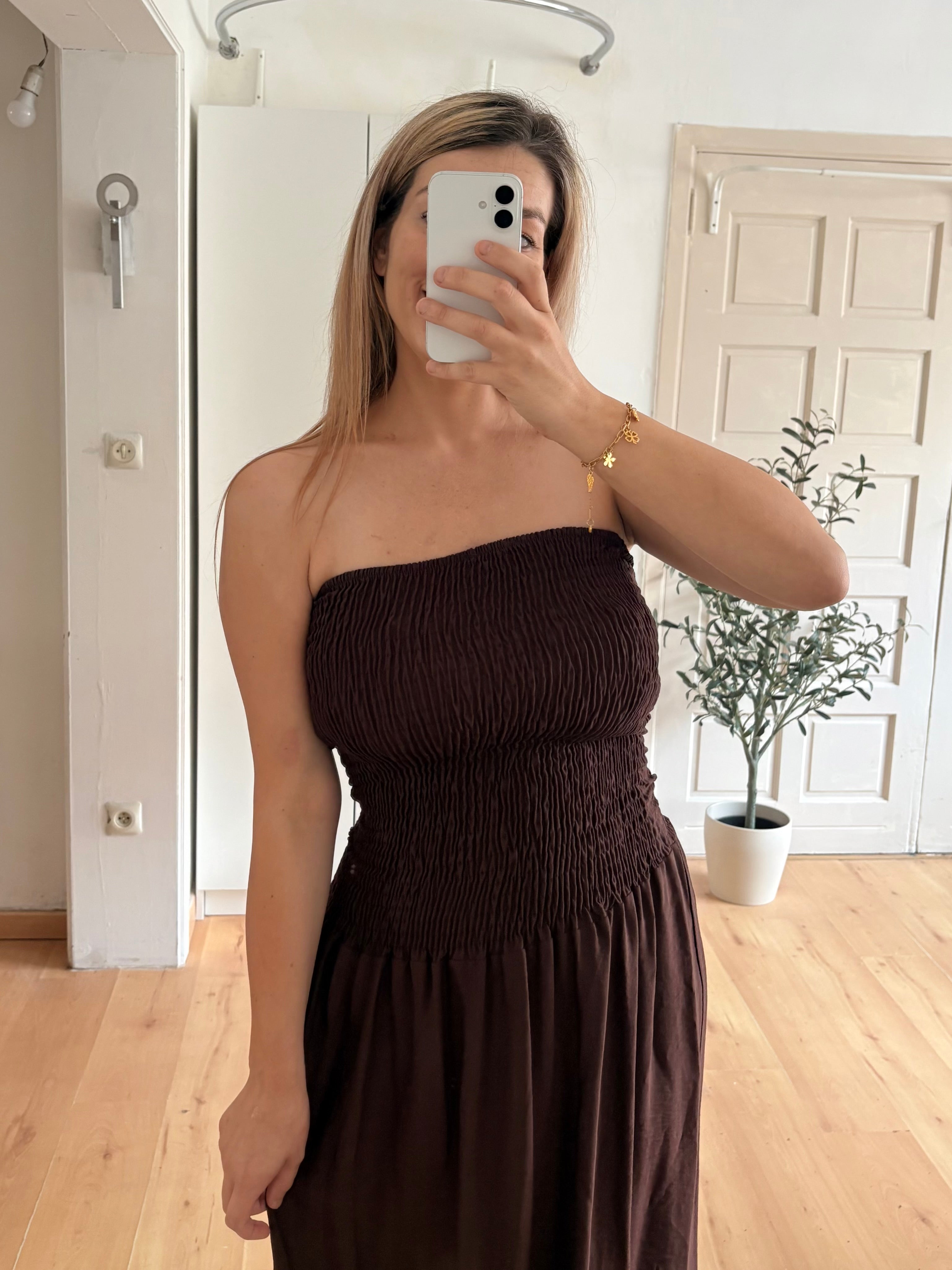 Jurk strapless | bruin
