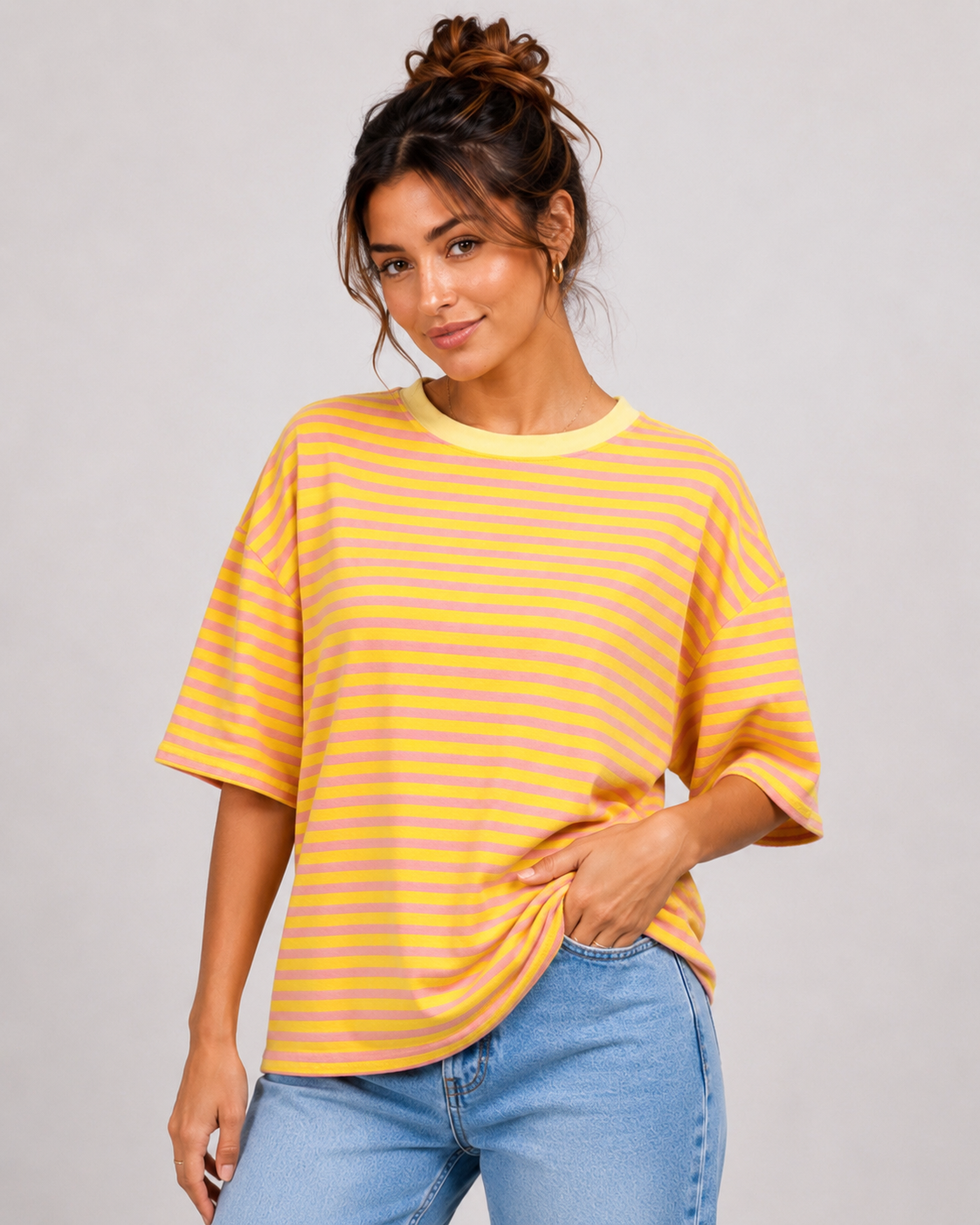 Streep T-shirt | geel-roze
