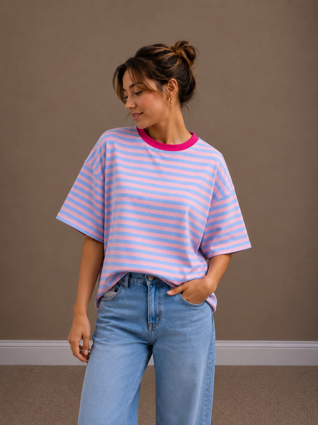 T-shirt fluo streep | lila-fuchsia