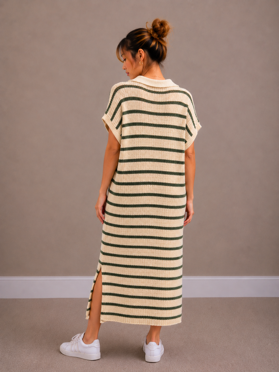 Maxi Streep Jurk | kaki-ecru