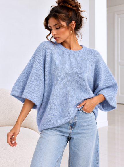 KNIT MET HALFLANGE MOUW BLAUW