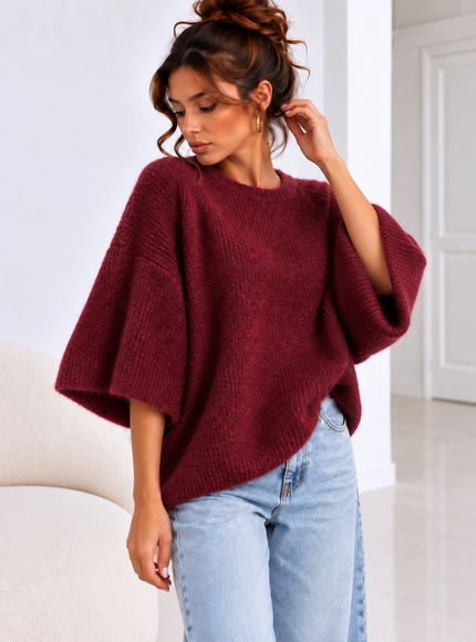 KNIT MET HALFLANGE MOUW BORDEAUX