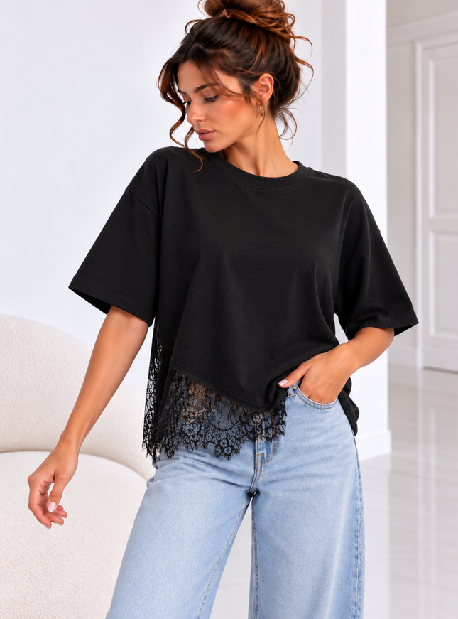 SHIRT MET ASSYMETRISHE KANT ZWART