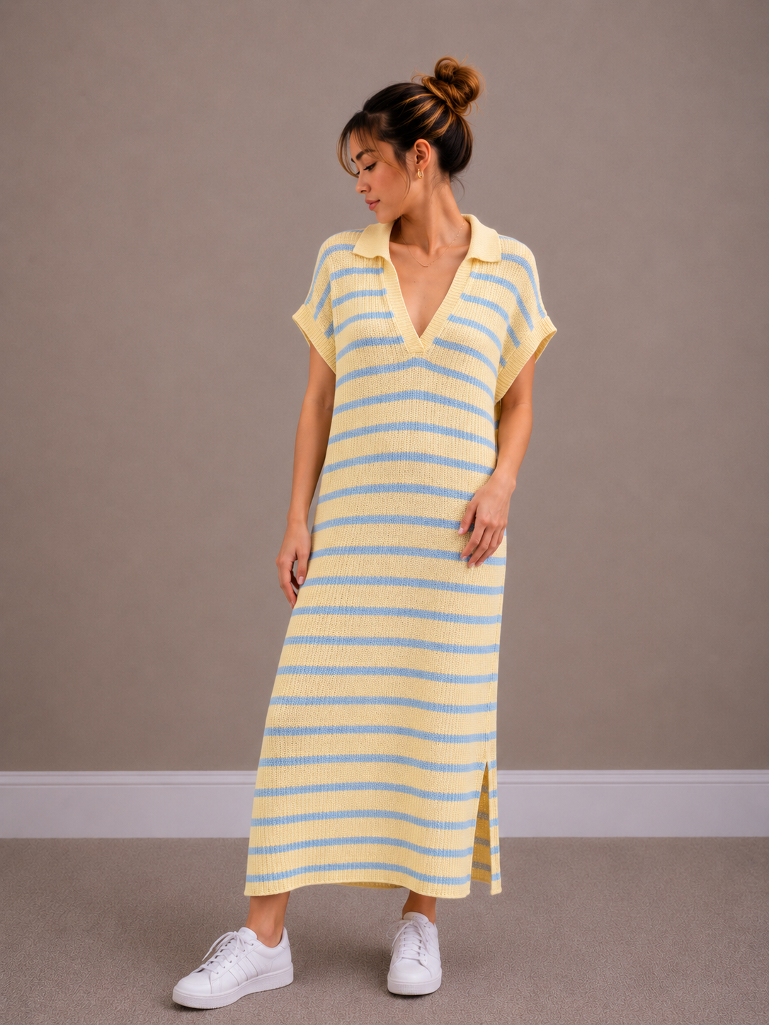 Maxi Streep Jurk | blauw-geel