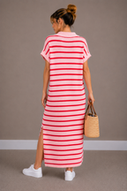 Maxi Streep Jurk | roze-rood