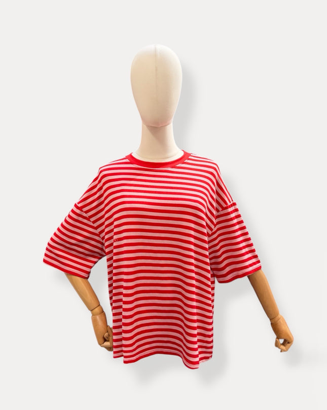 Streep T-shirt | rood-roze
