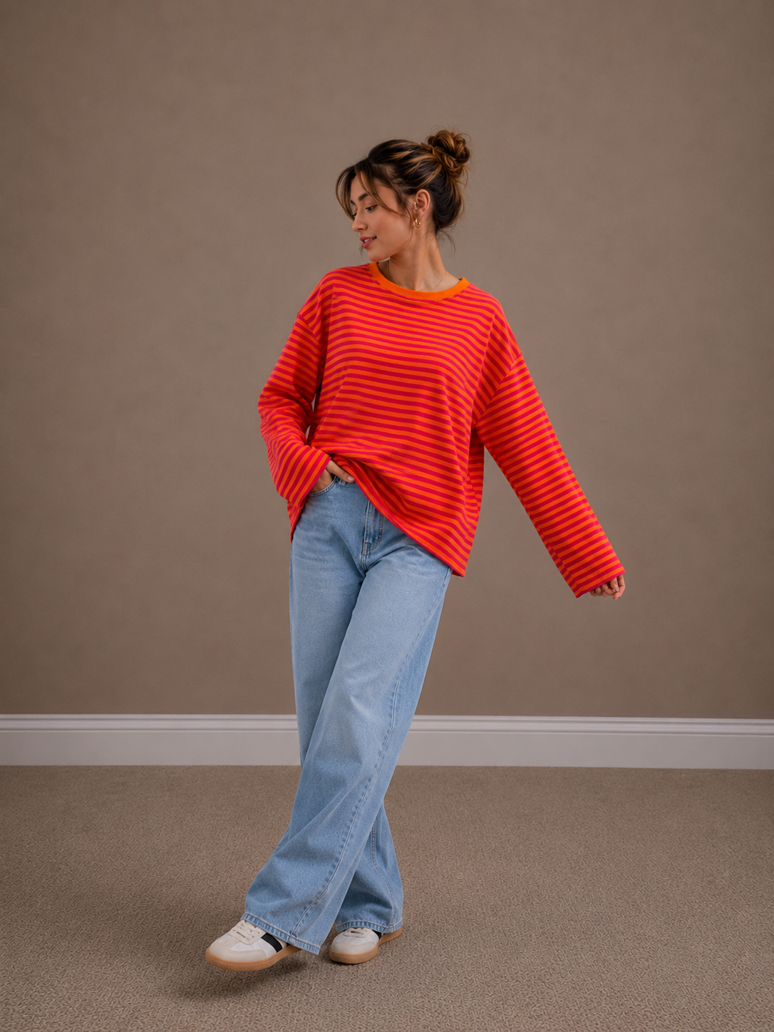 Streep Blouse | oranje-fuchsia