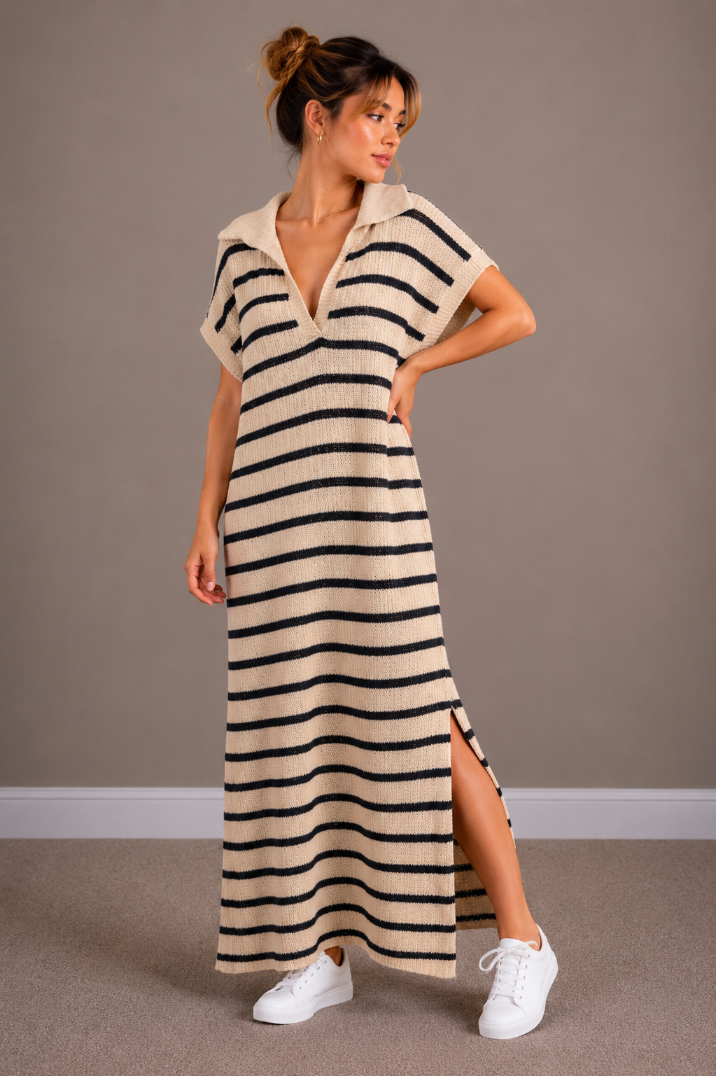 Maxi Streep Jurk | ecru-marine