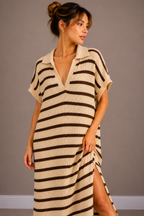 Maxi Streep Jurk | ecru-bruin