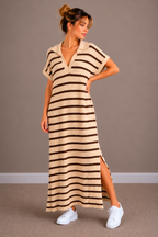 Maxi Streep Jurk | ecru-bruin