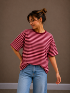 Streep T-shirt | bordeaux-roze