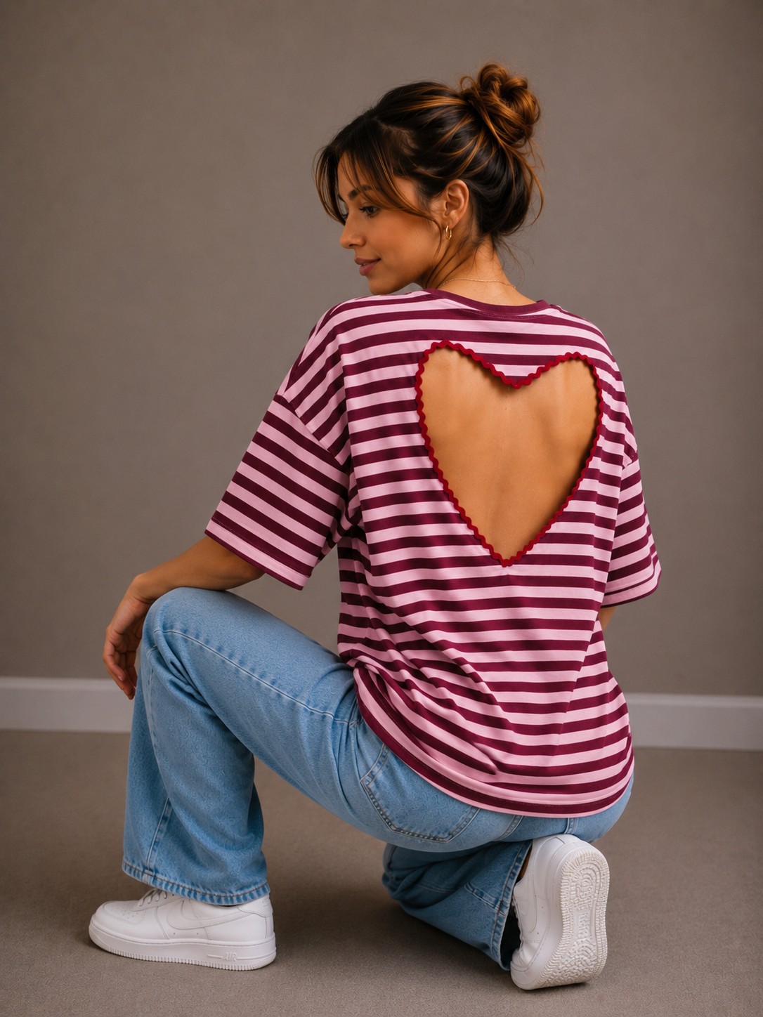 T-shirt streep Hart | bordeaux-roze