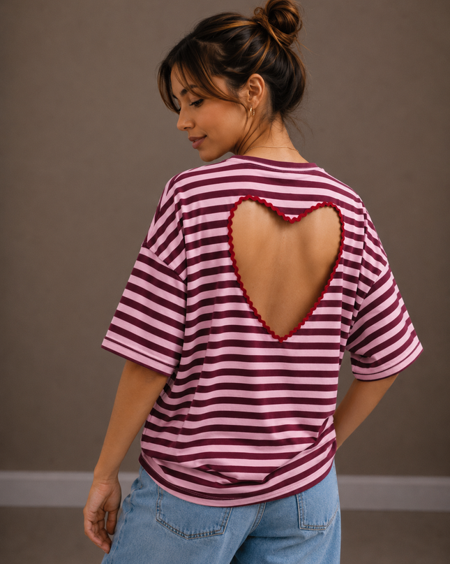 T-shirt streep Hart | bordeaux-roze