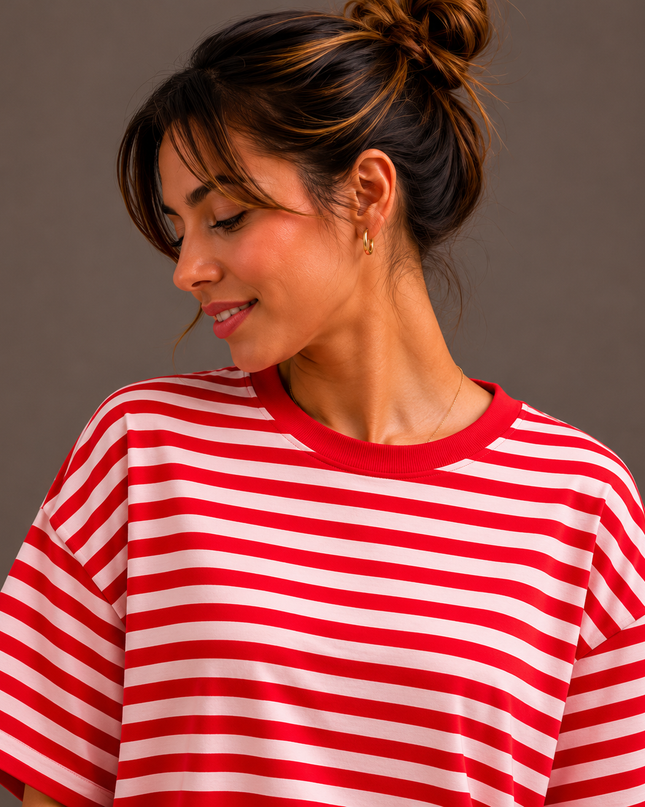 Streep T-shirt | rood-roze