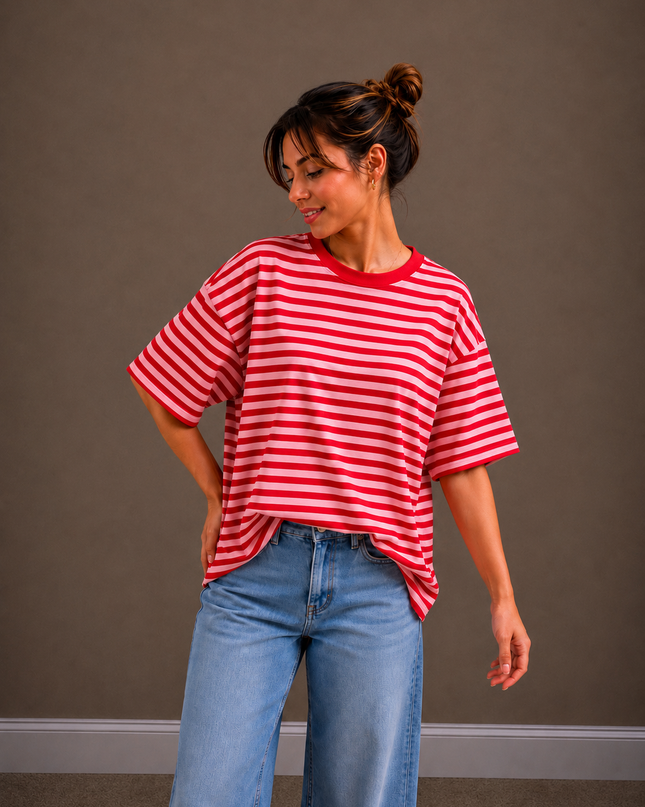 Streep T-shirt | rood-roze