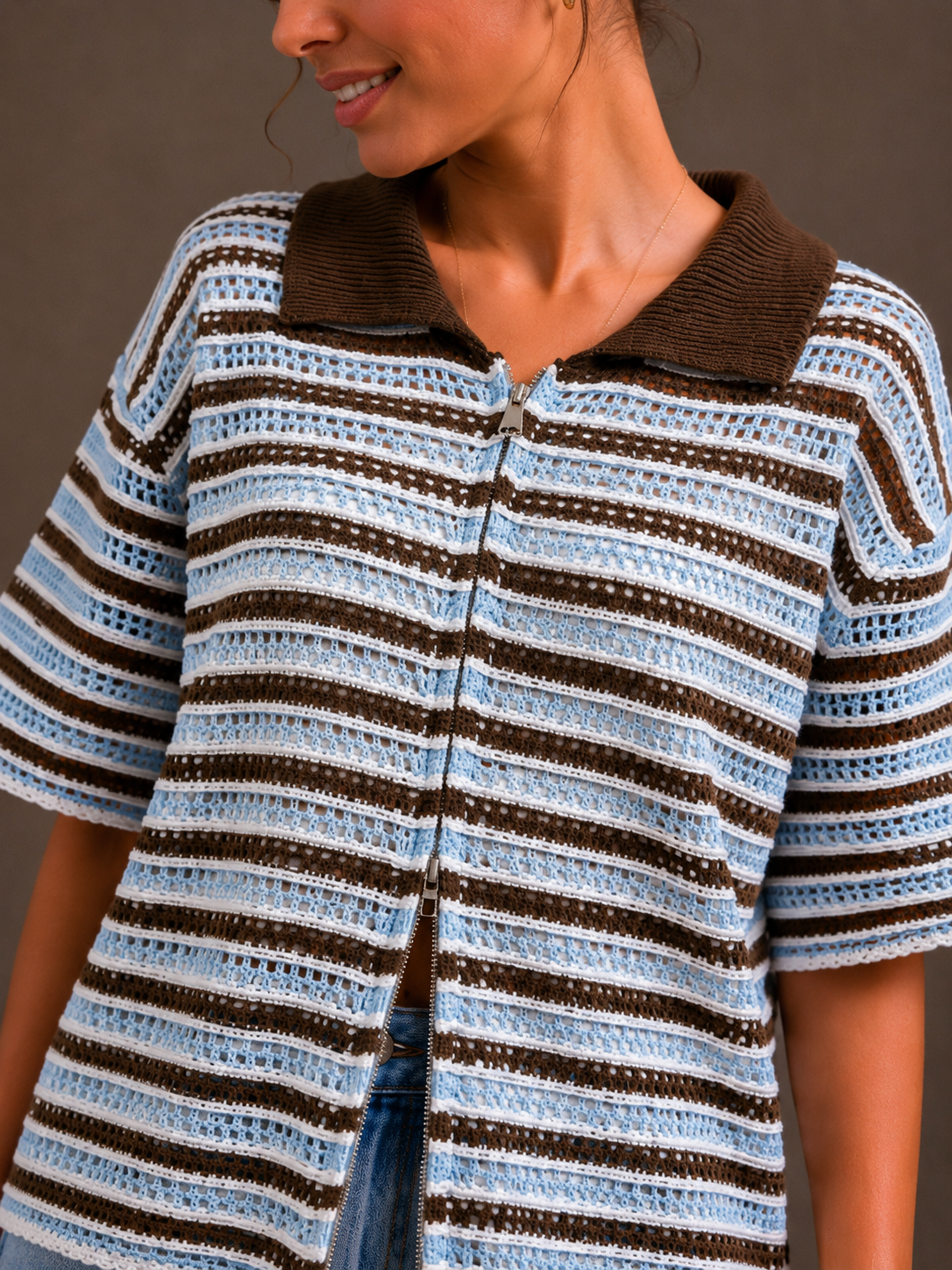 Gestreepte crochet polo | blauw