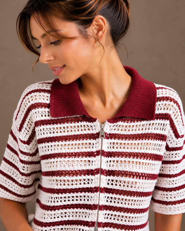 Striped crochet polo shirt | pink
