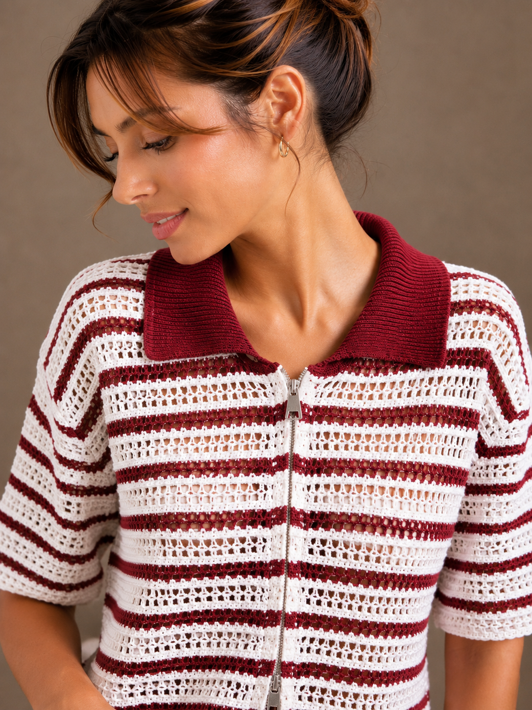 Gestreepte crochet polo | roze