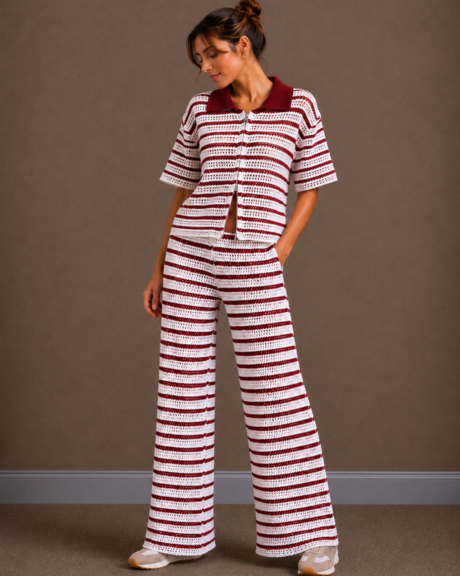 Striped crochet polo shirt | pink