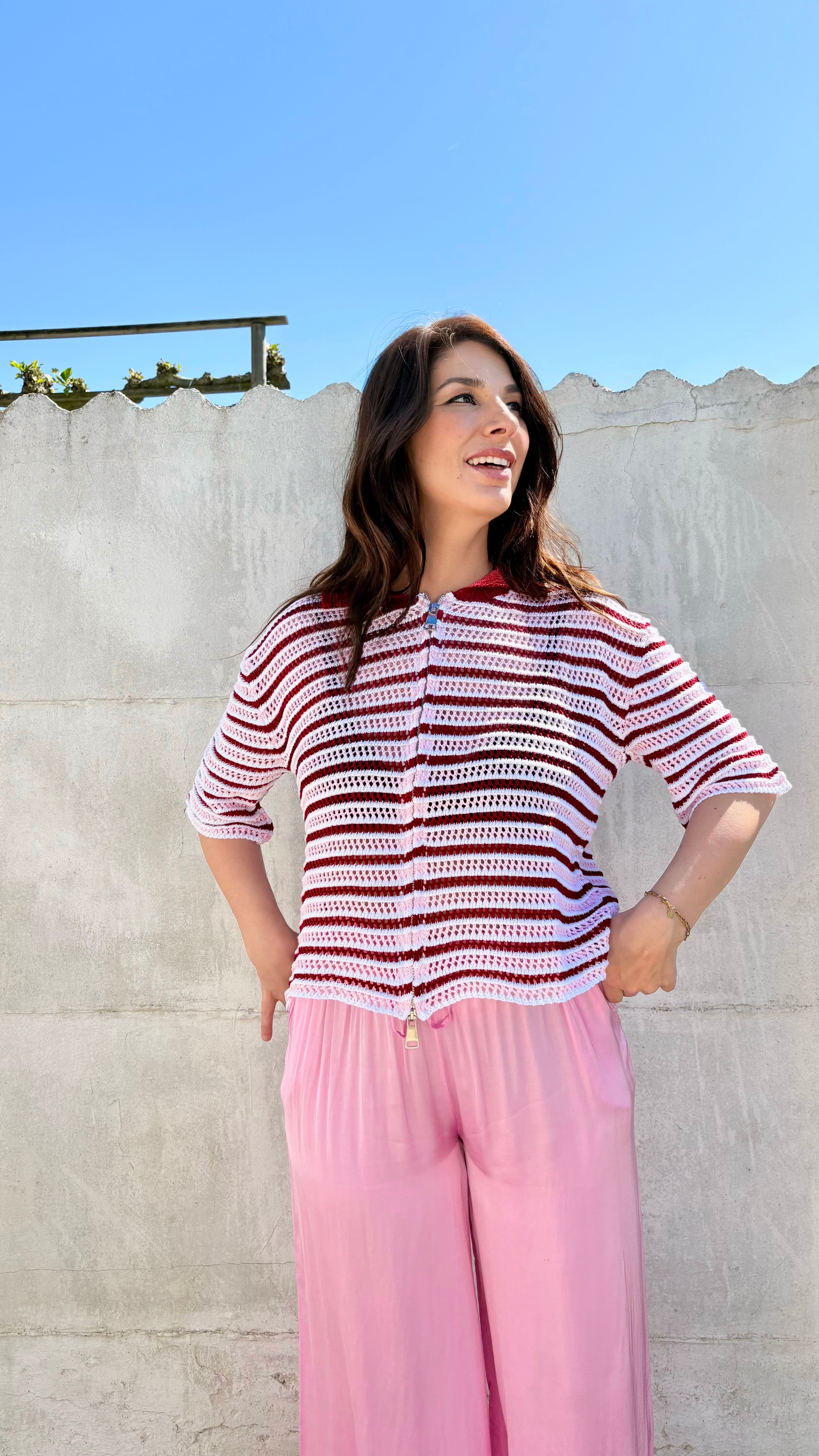 Gestreepte crochet polo | roze