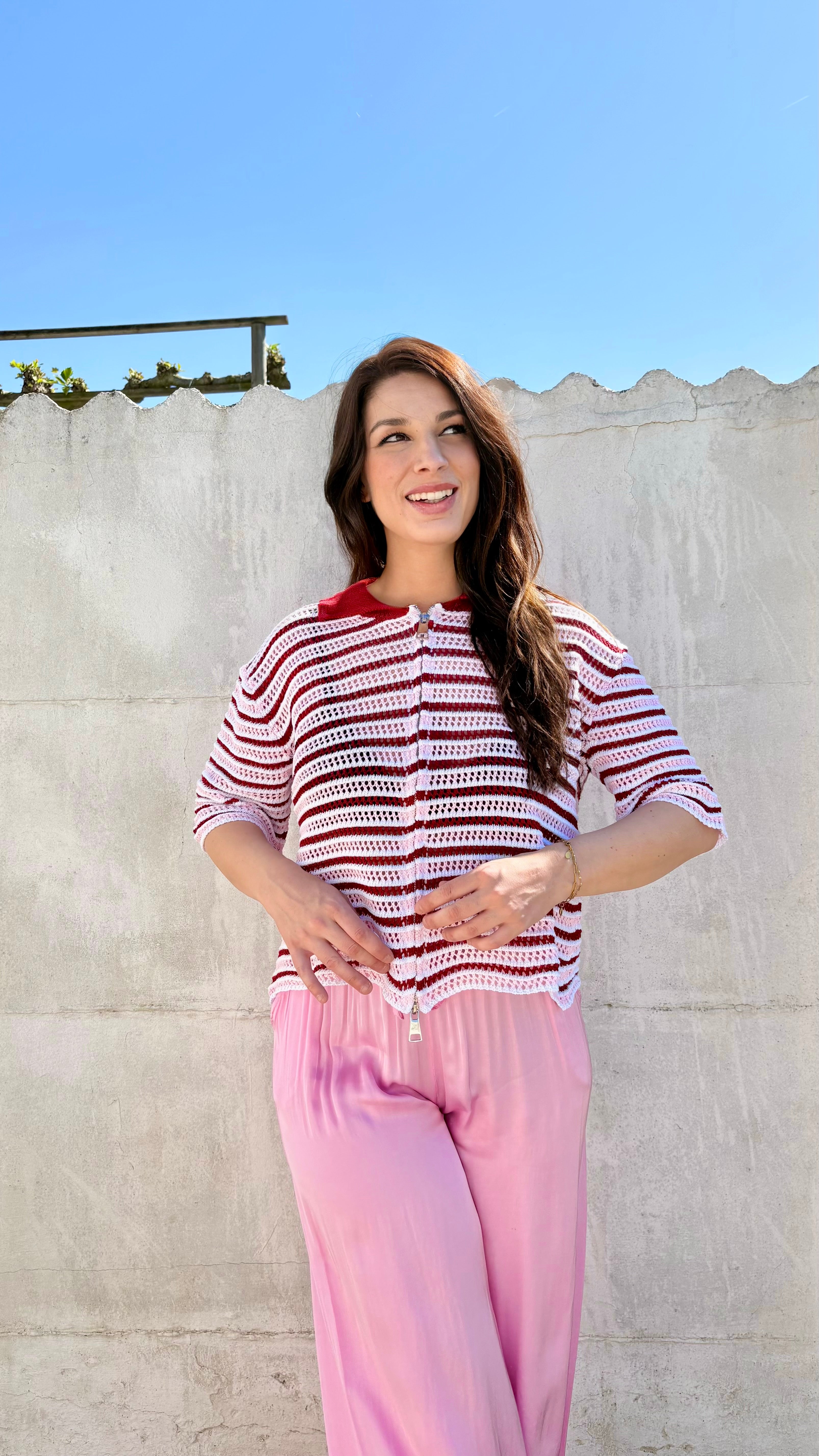 Gestreepte crochet polo | roze