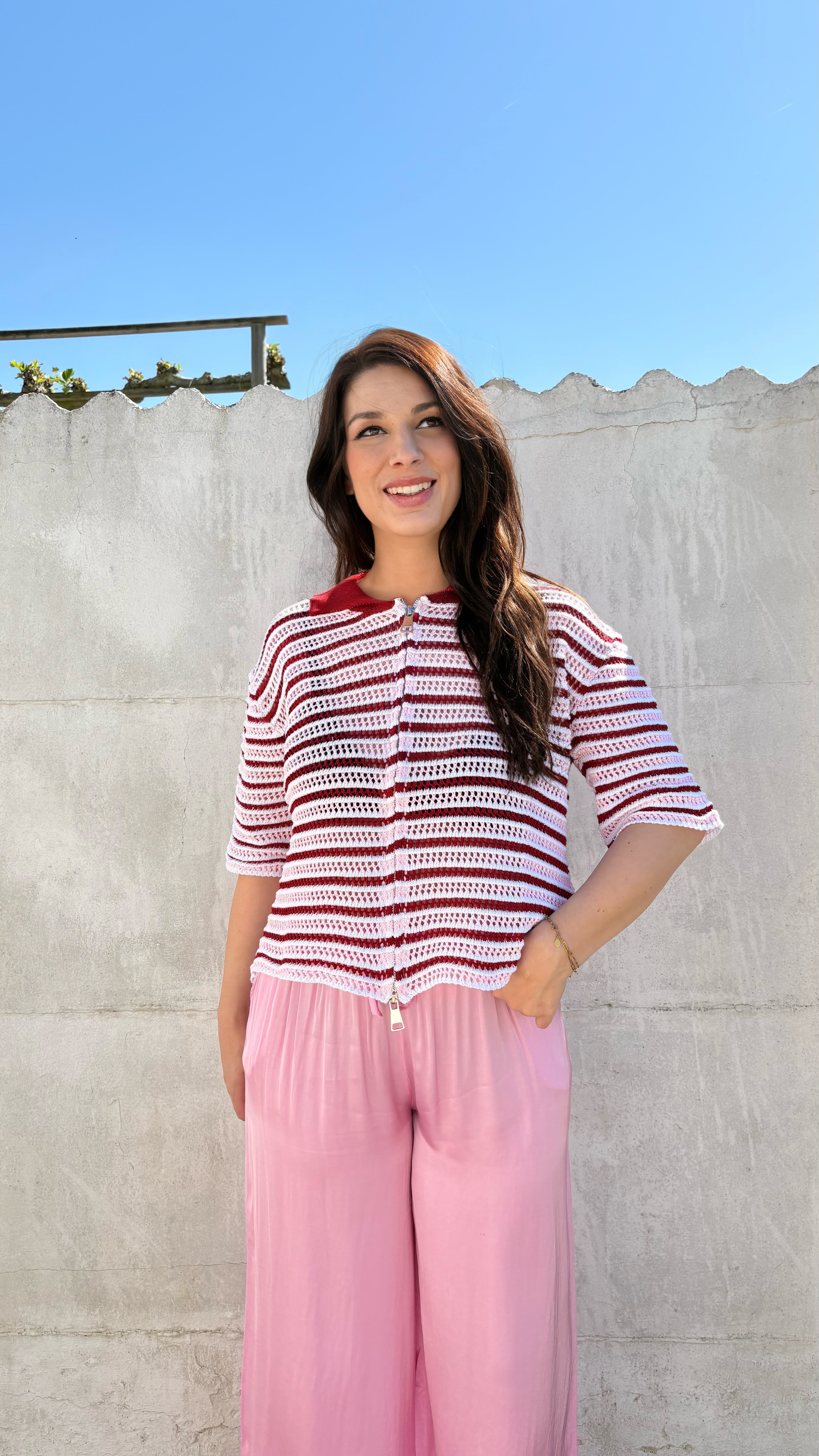 Gestreepte crochet polo | roze